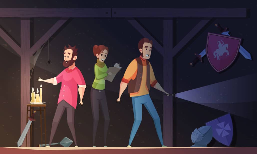 Cartoon of a group of people in modern dress in a dark age setting